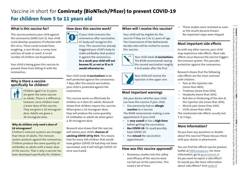 Vaccine in short for Comirnaty (BioNTech/Pfzer) for children from 5 to 11 years old